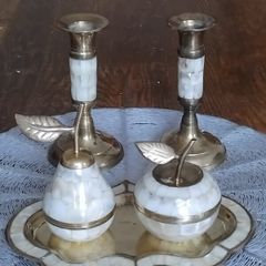 Vintage Mother Of Pearl Salt & Pepper Shakers On Brass Tray With Mop Candle Holders