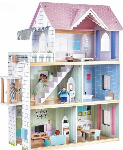 Wooden Dolls House, 2.6 Feet High with Elevator, Doorbell, Light 15 Pieces Furnitures and 3 Dolls, Toys Suitable for Girls Aged 3-7+, Birthday and Christmas Gift