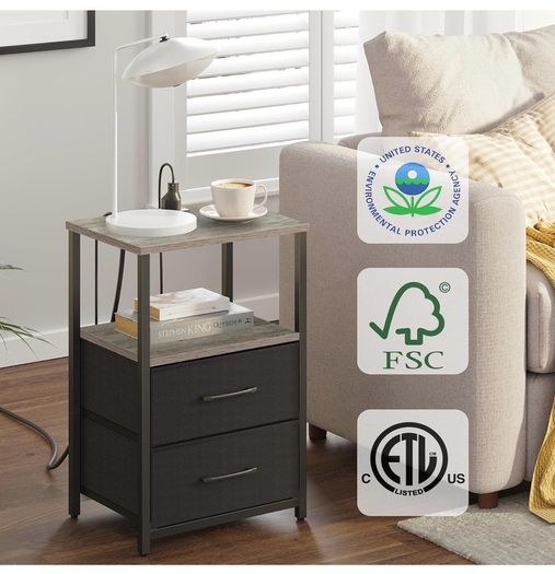 Bedside Table with Charging Station, Side Table with 2 USB Ports and Outlets, Nightstand with Cloth Drawer, Set of 2, End Table, Greige