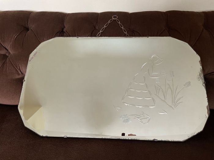 Large Early Mid Century Vintage Beveled Mirror with Reversed Carved Etched Image
