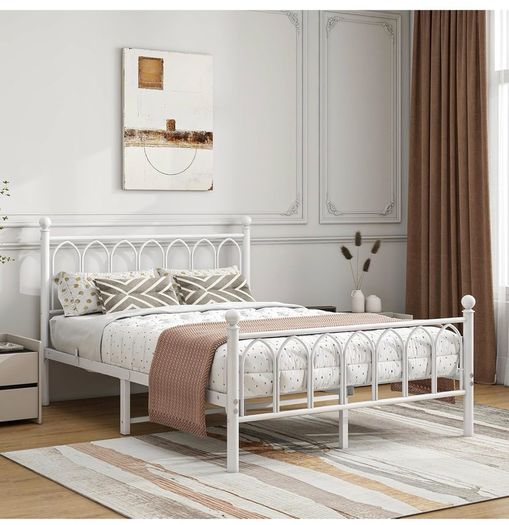 Double Bed Frame with Headboard and Footboard,Metal Platform Bed Frame Double Bed With Storage No Box Spring Needed,Strong Steel Slat Support/Mattress Base/White