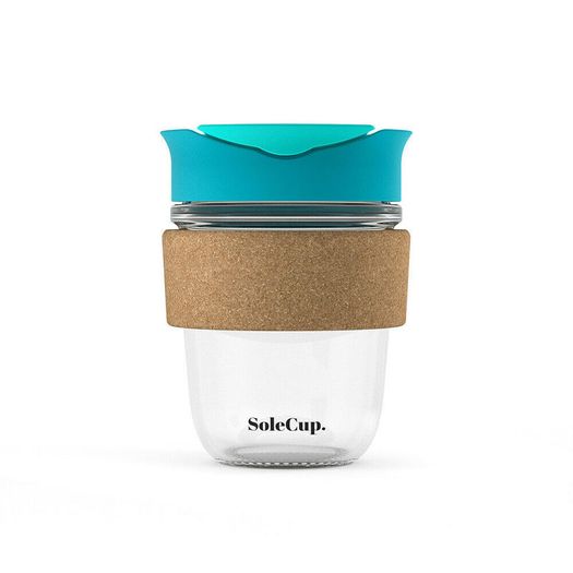 SoleCup Reusable Glass Travel Mug with Cork Band and Lid - Blue