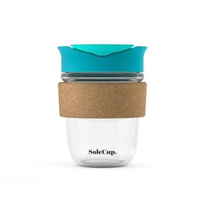 SoleCup Reusable Glass Travel Mug with Cork Band and Lid - Blue