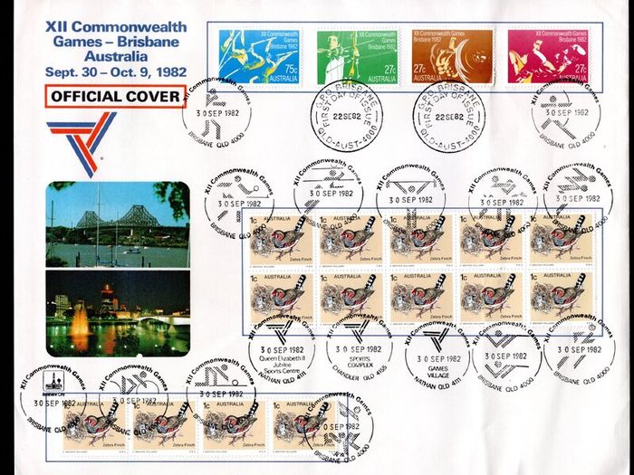 1982 Australia XII Commonwealth Games - Brisbane Australia Sept 30-9 Ocotber 1982 Official cover with various different cancels tying stamps.