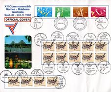 1982 Australia XII Commonwealth Games - Brisbane Australia Sept 30-9 Ocotber 1982 Official cover with various different cancels tying stamps.