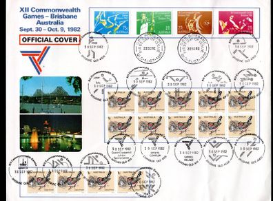 1982 Australia XII Commonwealth Games - Brisbane Australia Sept 30-9 Ocotber 1982 Official cover with various different cancels tying stamps.