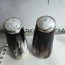 Set of 2 Buffalo Horn  Salt And Pepper Set topped with mother of pearl rimmed with sterling silver rim stamped. Image 10