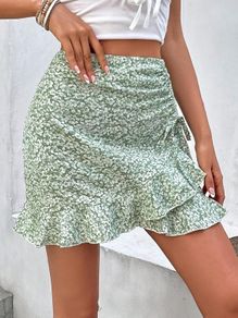 Sage Green Ditsy Floral Ruched Ruffle Mini Skirt
