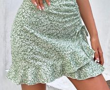 Sage Green Ditsy Floral Ruched Ruffle Mini Skirt