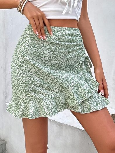 Sage Green Ditsy Floral Ruched Ruffle Mini Skirt