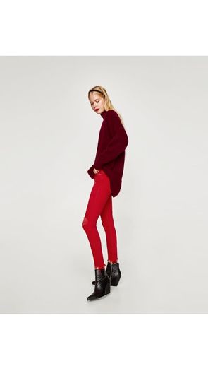 Zara destroyed ripped raw hem red skinny jeans size 6 BNWT