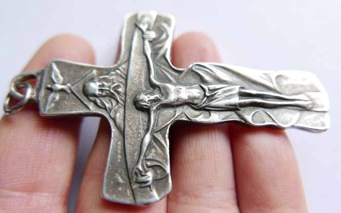Vintage Holy Trinity Crucifix in silvered brass 14 x 9 cm