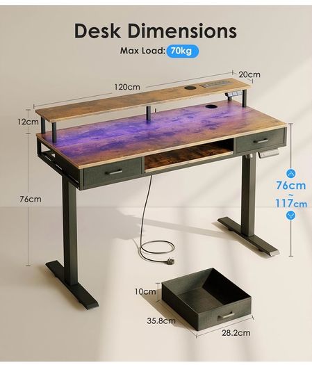 Standing Desk with Keyboard Tray & Storage Drawers, 120cm Height Adjustable Desk with Monitor Stand, LED Lights, Power Outlet and USB Ports for Home Office, Rustic Brown