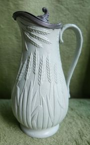 Antique Staffordshire Parian Ware Pitcher: William Brownfield Fern Design, Pewter Lid