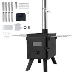 Wood Stove, 86 inch, Alloy Steel Camping Tent Stove, Portable Wood Burning Stove with Chimney Pipes & Gloves,  Hot Tent Stove for Outdoor Cooking and Heating with 8 Pipes