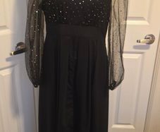 Black Gold Sparkle Mesh Sleeve Midi Dress Evening Party Occasion Glam