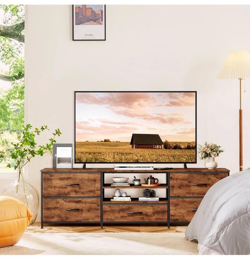 TV Stand Cabinet, TV Unit with 5 Drawers, 140 cm, Brown TV Console Table with Storage Organizers, Entertainment Center with Open Shelf for Living Room, Bedroom