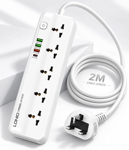 LDNIO SC5415 Surge Fast charging Power Strip with 5 Ac Outlets & 4USB Charging Ports 2m Extension PD power Soket - White