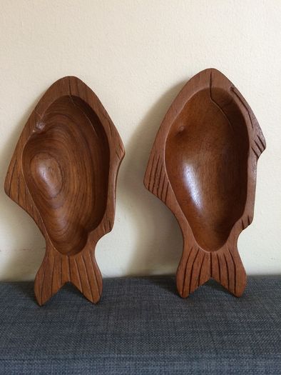 Hand carved fish shaped teak wood bowls