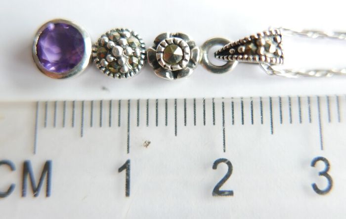 Vintage 925 Sterling Silver Amethyst and Marcasite Necklace and Earring Set