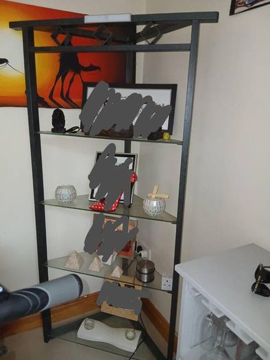 Table, 6 chairs, 2 candle sticks, floor lamp & shelving unit