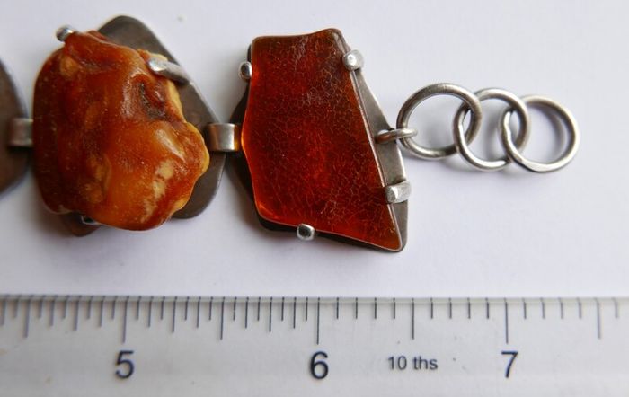 54.4gr giant UNIQUE Baltic Amber Bracelet, SET IN STERLING SILVER 925, Dark Honey Amber Chain and Link Bracelet with natural Inclusions