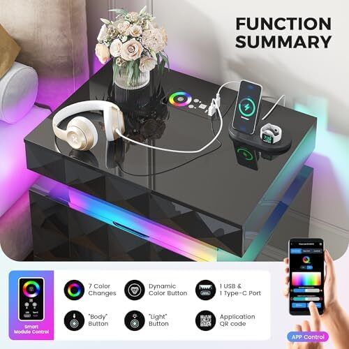 LED Bedside Table with Charging Station,3 Drawers Night Stand with Lockable Hidden Storage,Smart Nightstand with Human Sensor RGB Lights for Bedroom, Black