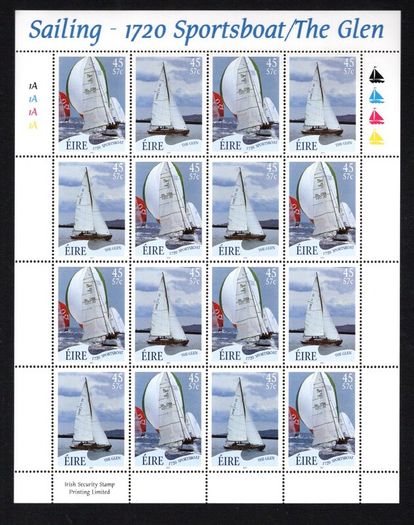 2001 Ireland Sailing (Ruffian, Howth, Sports boat & The Glen) Stamp Sheetlet Plate 1A1A1A1A Mint Never Hinged (MNH).