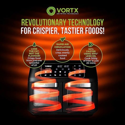 Vortx Vizion Dual Compartment Air Fryer Oven with Digital Touch Panel, 11L, Black