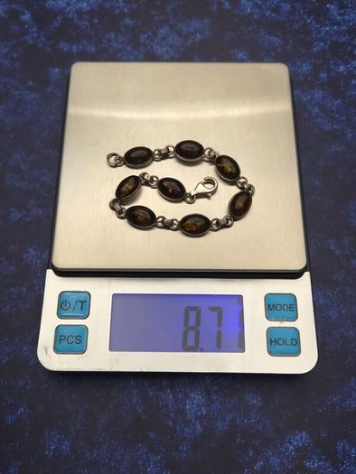Vintage 925 Sterling Silver & Dark Brown Natural Baltic Amber Bracelet