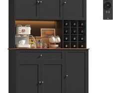 Kitchen Cabinet 180 cm Buffet Cabinet with LED Sideboard for Kitchen with Power Strip Kitchen Cabinet with Worktop and Wine Rack for 12 Bottles Kitchen Buffet Kitchen Furniture 180 x 100 x 39  N