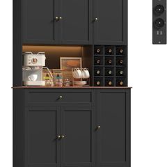 Kitchen Cabinet 180 cm Buffet Cabinet with LED Sideboard for Kitchen with Power Strip Kitchen Cabinet with Worktop and Wine Rack for 12 Bottles Kitchen Buffet Kitchen Furniture 180 x 100 x 39  N