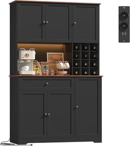 Kitchen Cabinet 180 cm Buffet Cabinet with LED Sideboard for Kitchen with Power Strip Kitchen Cabinet with Worktop and Wine Rack for 12 Bottles Kitchen Buffet Kitchen Furniture 180 x 100 x 39  N