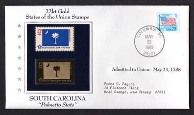 1988 USA South Carolina "Palmetto State" 22kt Gold Replica of the 1976 United States Flag Stamps showing 25c US flag definitive tied Columbia, South Carolina (state capital) illustrated cover
