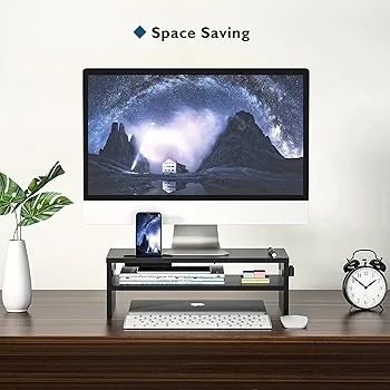 Monitor Stand Riser, 2 Tier Wooden Desk Riser, 420mm Wide, 142mm Height, 30kg Load, Cable Management Slots, Phone Holder, Non Slip Pads, Monitor Riser Stand, Desktop Organiser, Black