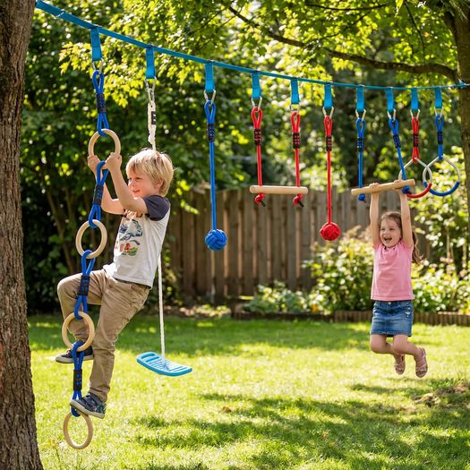 Ninja Line Kids 10m 9-piece Slackline Set with 2 Gym Rings 3-in-1 Swing 2 Climbing Bars for 3-8 Years Multicolored