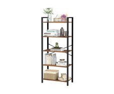Storage shelf vintage brown-black  bookshelf, storage shelf with 5 levels, industrial design, for living room, office, study and hallway, steel frame, wood chipboard, vintage brown-black
