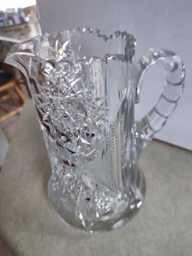 Antique American Brilliant heavy Crystal 1900 s Tall Sawtooth Pitcher, Brilliant Cut Glass Hobstar 9" Water Pitcher and  weighs about 7 lb. 3.1 kg.approx.
