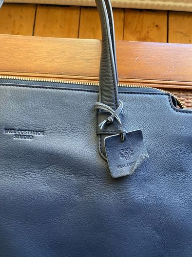 Large navy leather tote bag by Paul Costelloe