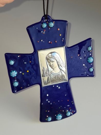 Blue Glass Cross with Silver Medallion