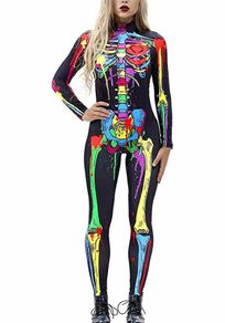 Women Halloween Costume 3D Print Long Sleeve Skinny Skeleton Catsuit Cosplay Jumpsuit (MULTIPLE STYLES)