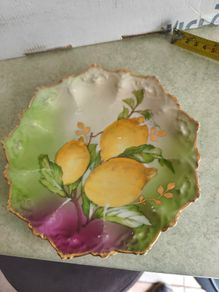 Antique Moritz Zdekauer MZ Austria Fruit Lemon Porcelain Scalloped  Plate as hanging plate