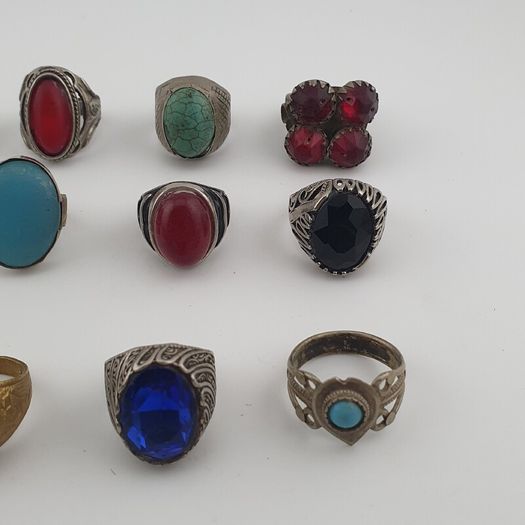 15 Rustic Brass Rings Mixed Traditional Glass & Stone Ring Collection