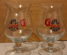 A pair of Duvel Belgian beer tulip glasses