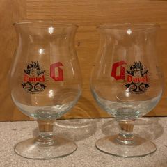 A pair of Duvel Belgian beer tulip glasses