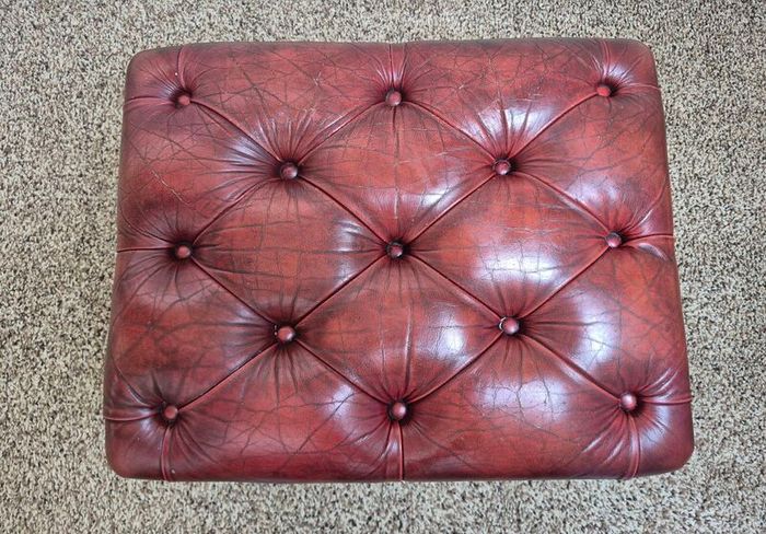 Vintage Chesterfield Queen Anne Leather Footstool Oxblood Red