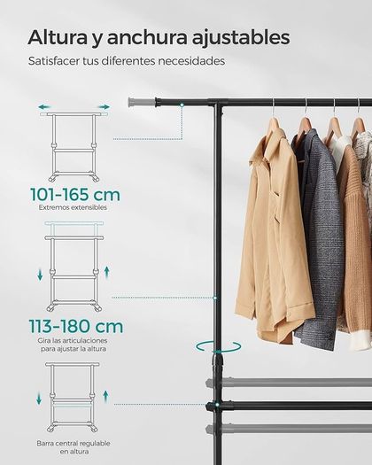 SALE | Double Clothes Rail, Clothing Rack with Extendable Top Rail, Clothes Rail on Wheels, 113-180 cm Height Adjustable Clothes Rack, Adjustable Middle Rail, Black
