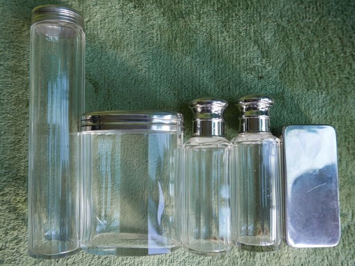 Antique Edwardian 1800s Set 5  Apothecary Bottles Ground-Glass Stoppers, Glass Vanity Pin Bottles Jars