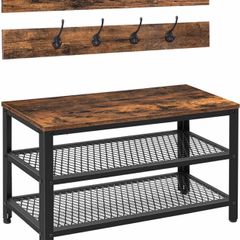 Shoe Bench with Coat Rack Hanger, Hall Tree, Entryway Shoe Rack with 9 Hooks and Shelf, Coat Stand, Sturdy and Easy Assembly, Hallway Coat Hat Bag Hanging Organizer, Rustic Brown