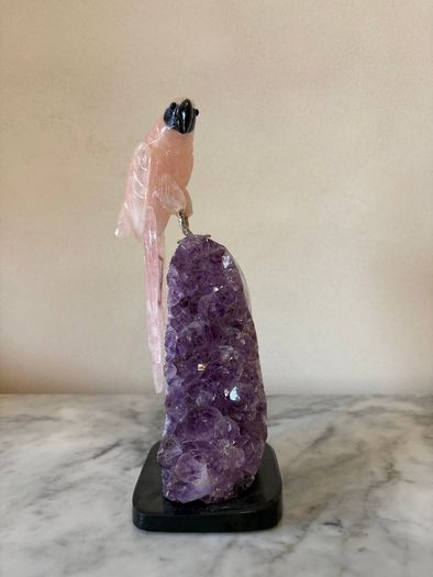 Rose Quartz Parrot on Large Amethyst Geode Cluster Base
